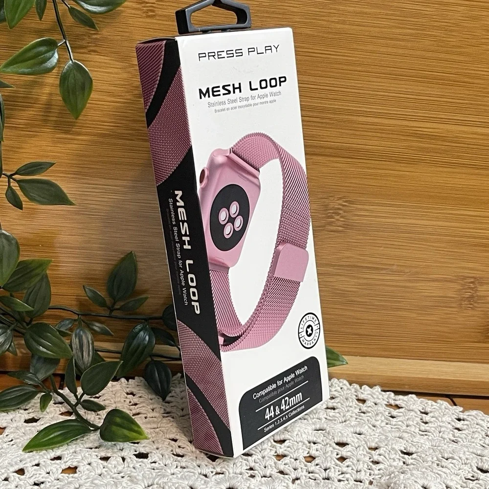 Press Play Pink Mesh Loop Apple Watch Band Stainless Steel Strap 42mm 44mm